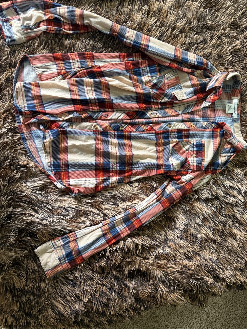 Buckle Men's Plaid Button-Down Shirt in Cream, Red & Blue